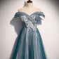 Blue tulle lace long prom dress off shoulder evening dress s105