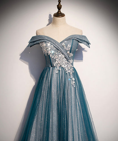 Blue tulle lace long prom dress off shoulder evening dress s105