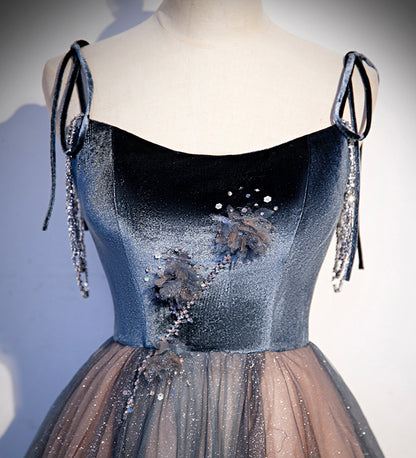 Blue tulle sequins long prom dress evening dress s80