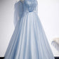 Blue tulle long A line prom dress evening dress s72
