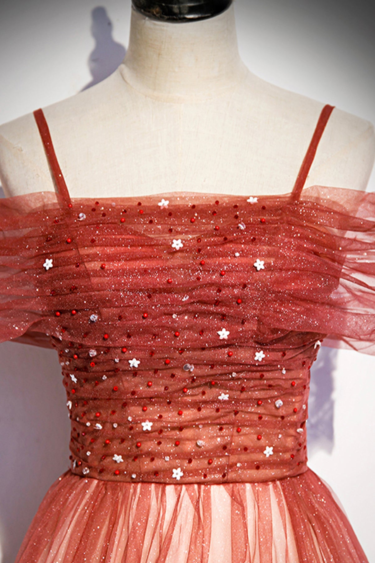 Burgundy tulle long A line prom dress evening dress s75