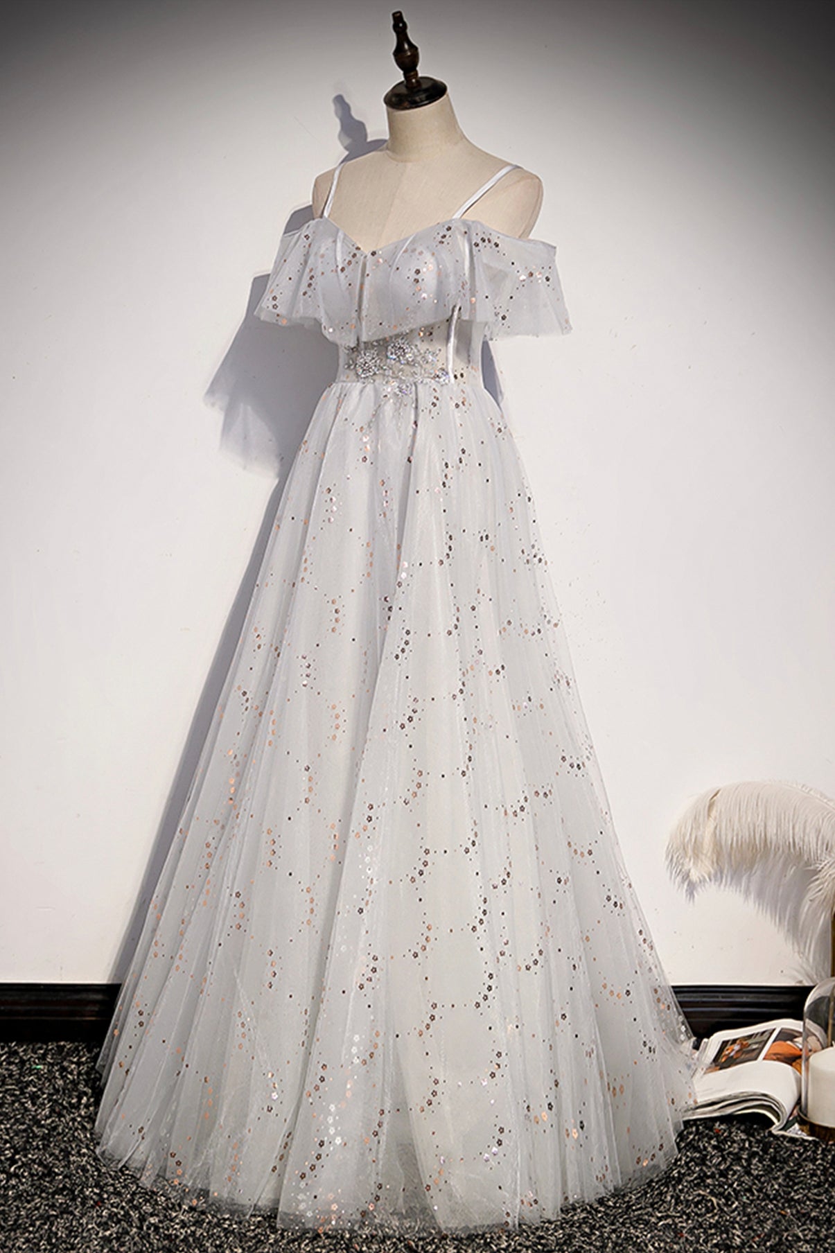 Stylish tulle sequins long A line prom dress evening dress s71