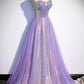 Purple tulle sequins long prom dress evening dress s84