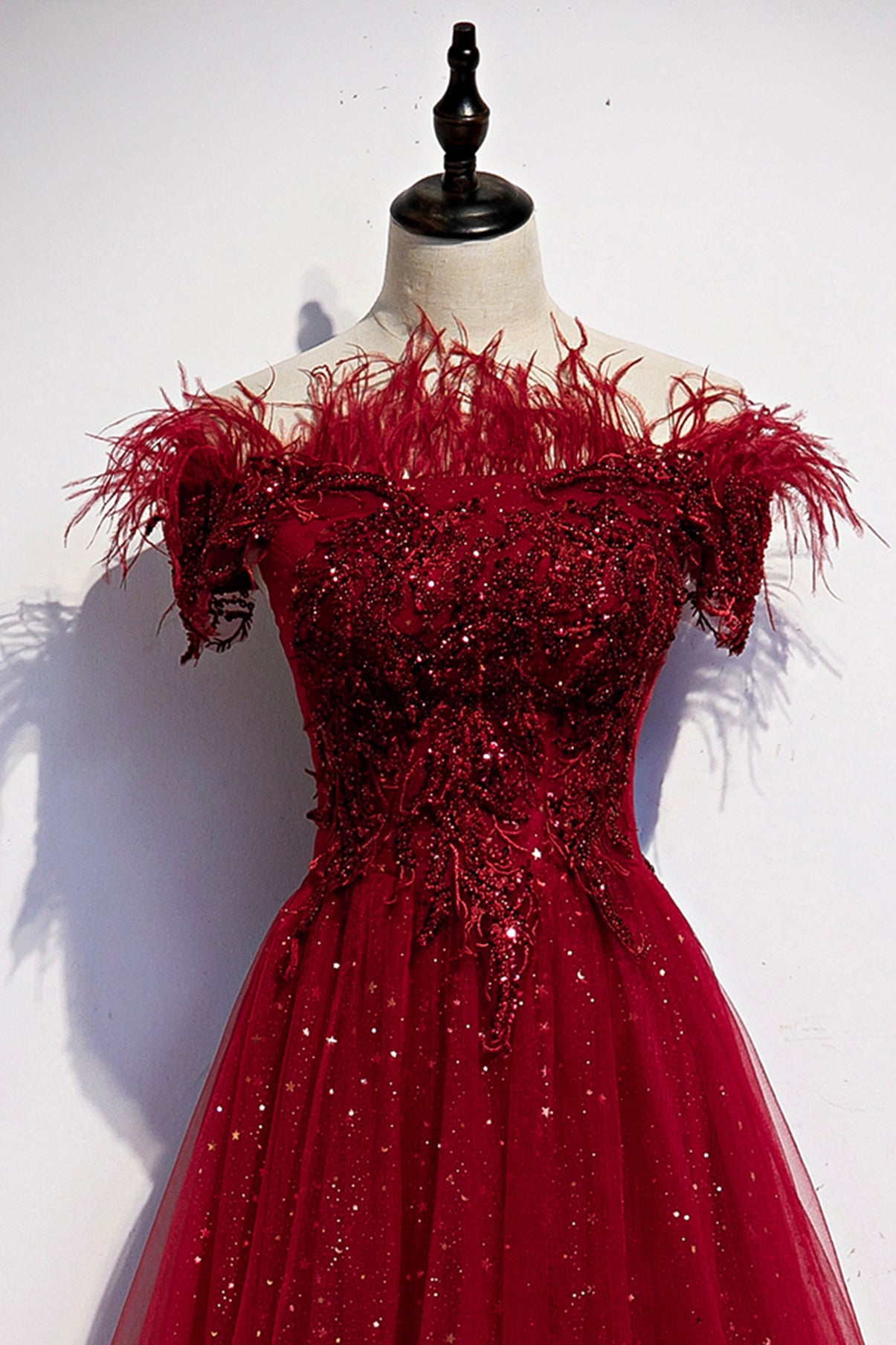 Burgundy tulle sequins long A line prom dress evening dress s69
