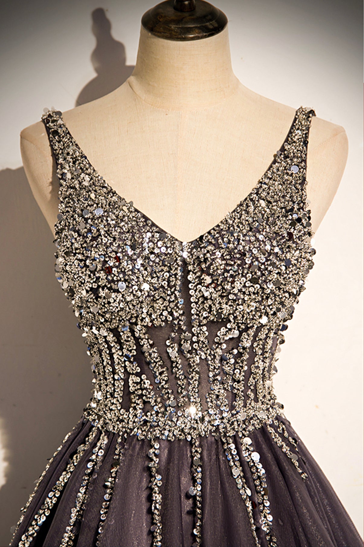 Stylish v neck tulle long prom dress A line evening dress s76