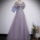 Purple tulle beads long prom dress A line evening gown s59