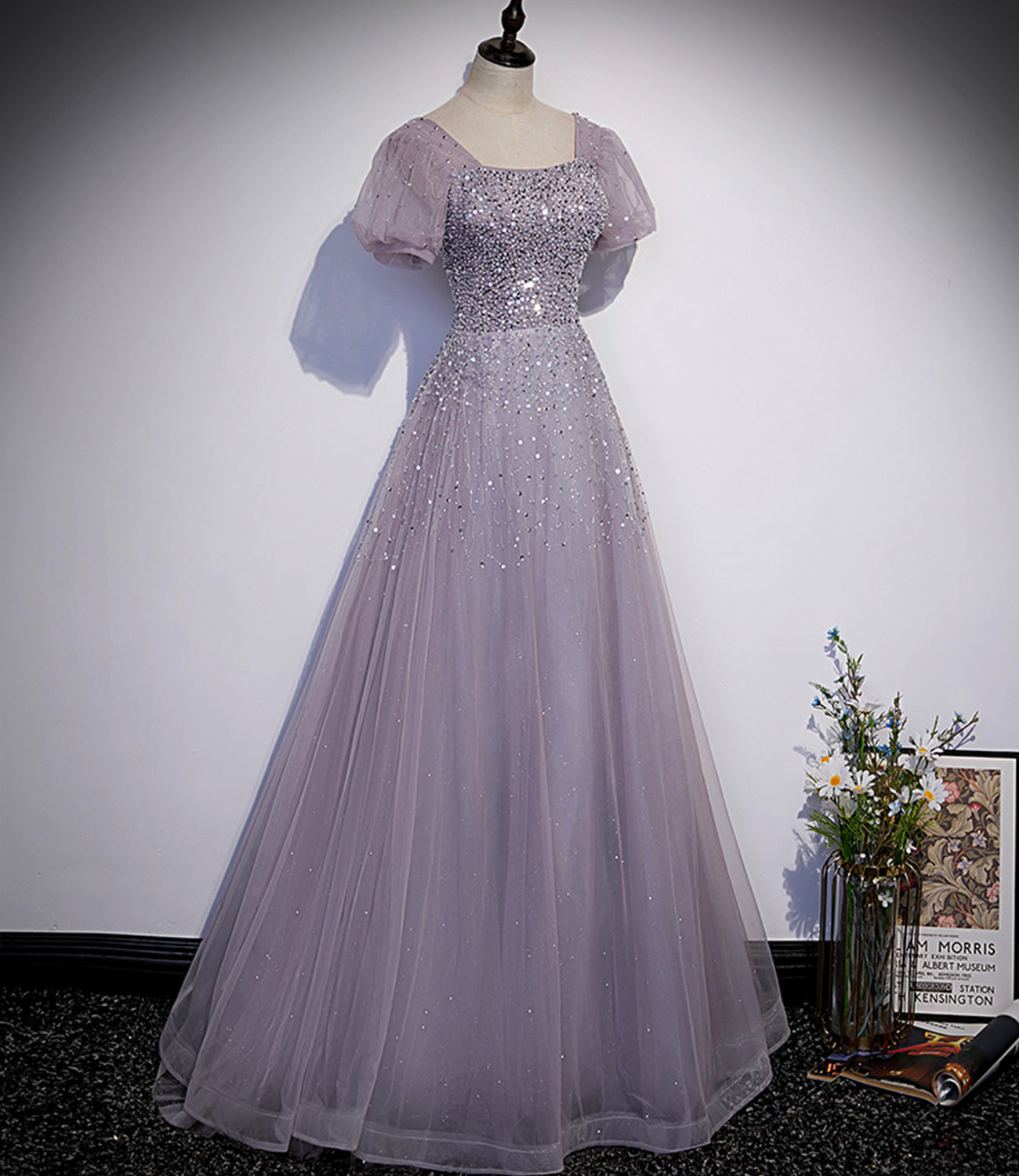 Purple tulle beads long prom dress A line evening gown s59