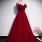 Burgundy tulle long prom dress evening dress s82
