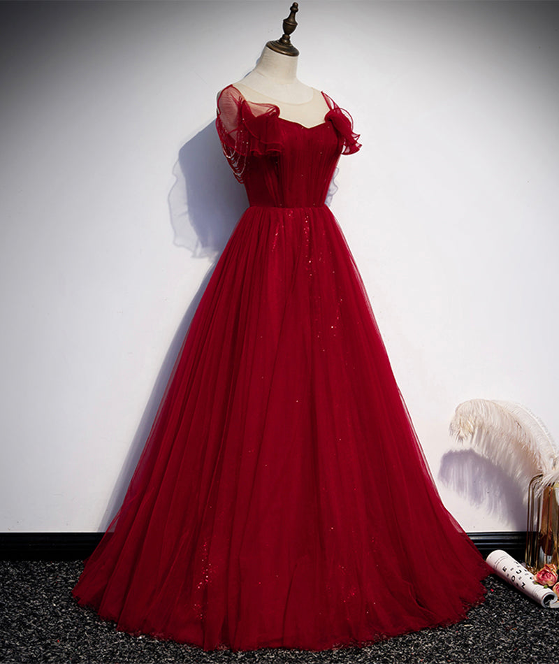 Burgundy tulle long prom dress evening dress s82
