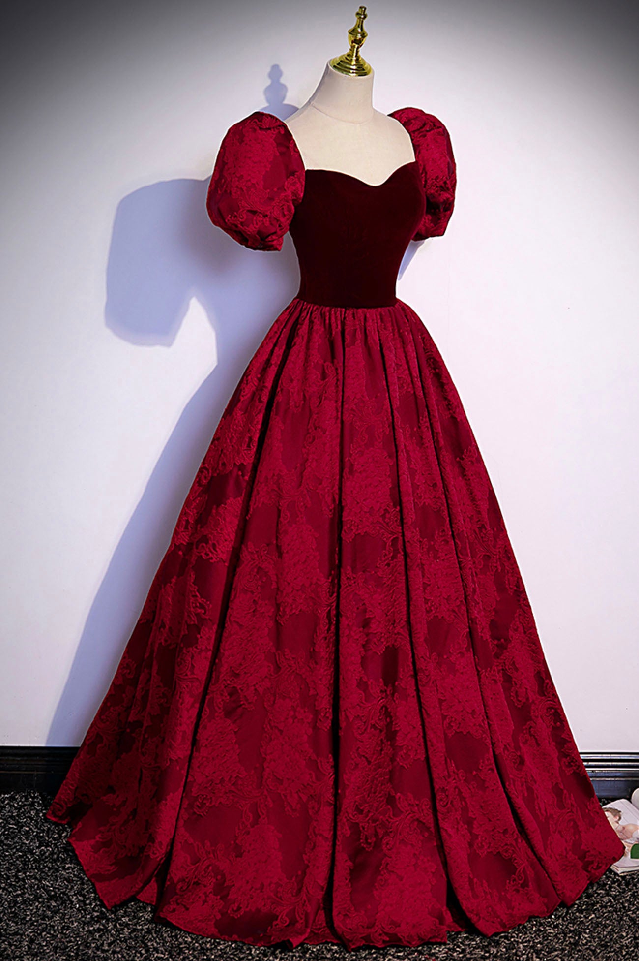 Burgundy velvet jacquard long prom dress evening dress s89