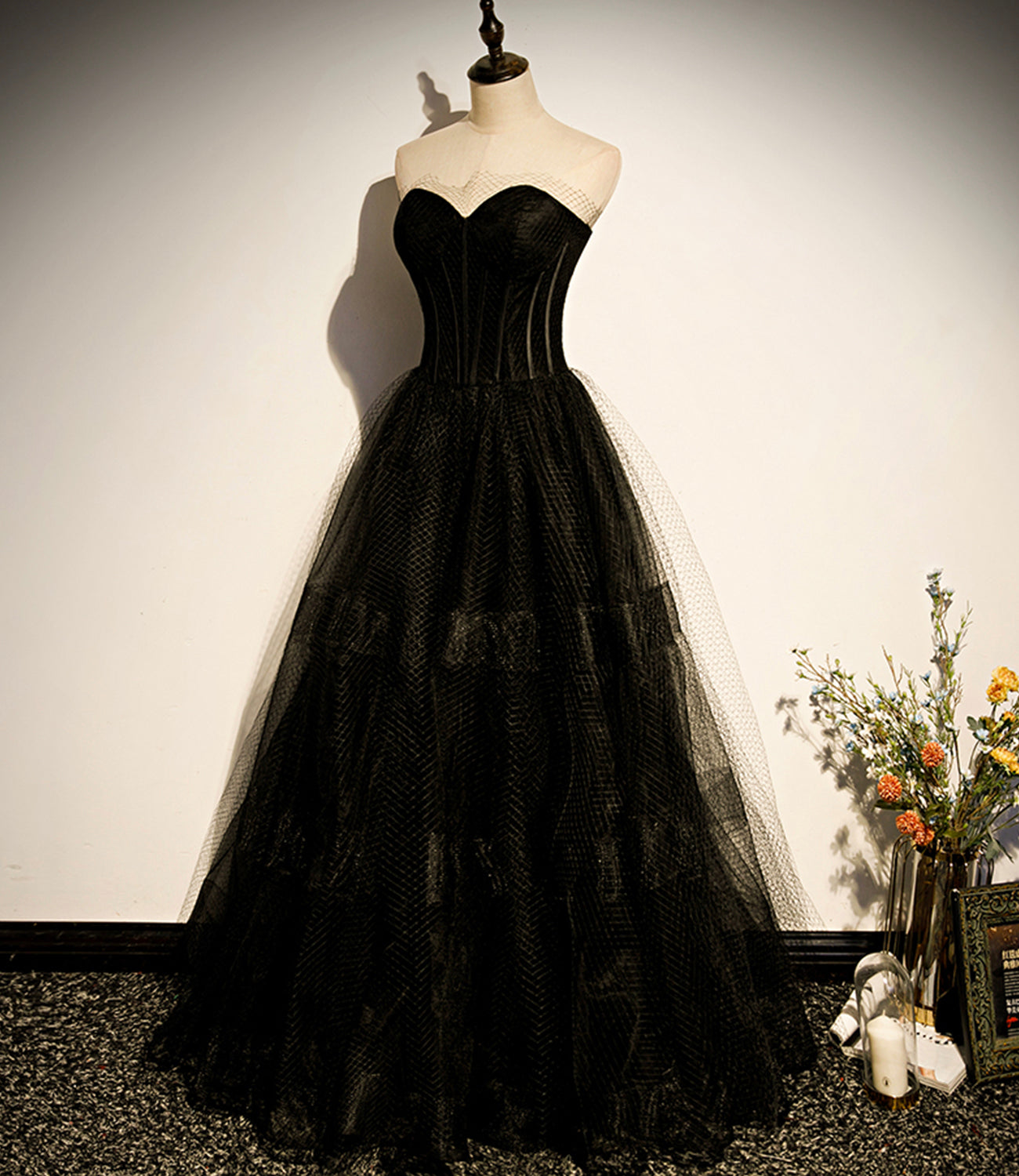 Black tulle long A line prom dress black evening dress s68