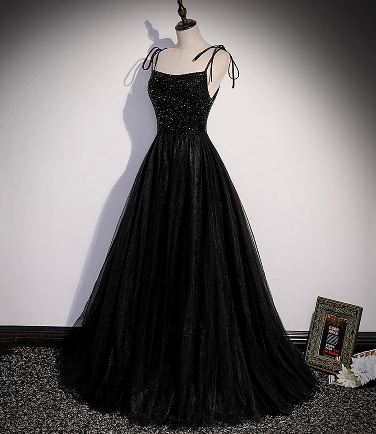 Black tulle beads long prom dress A line evening dress s58