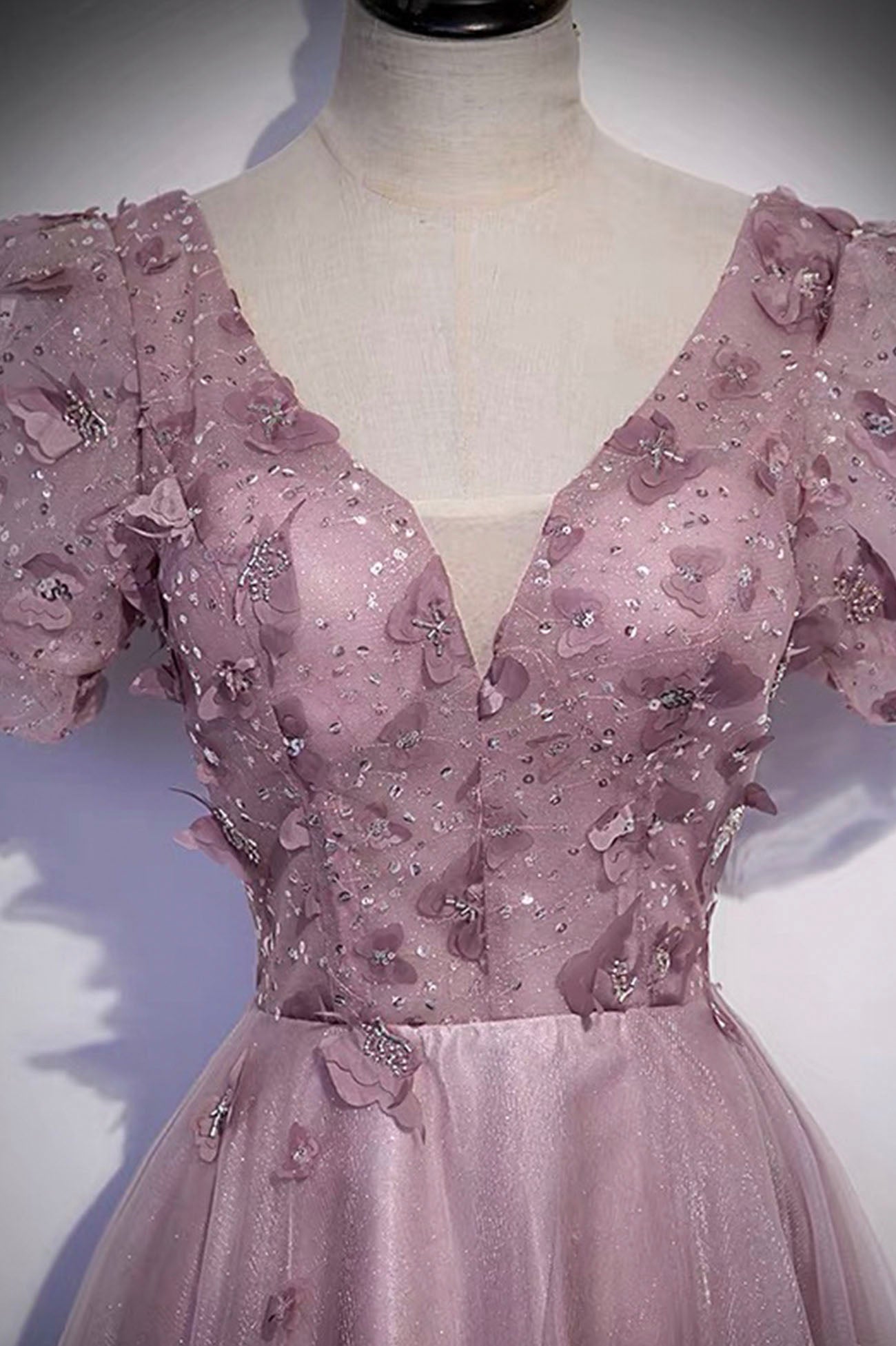 Pink tulle sequins long prom dress pink evening dress s61