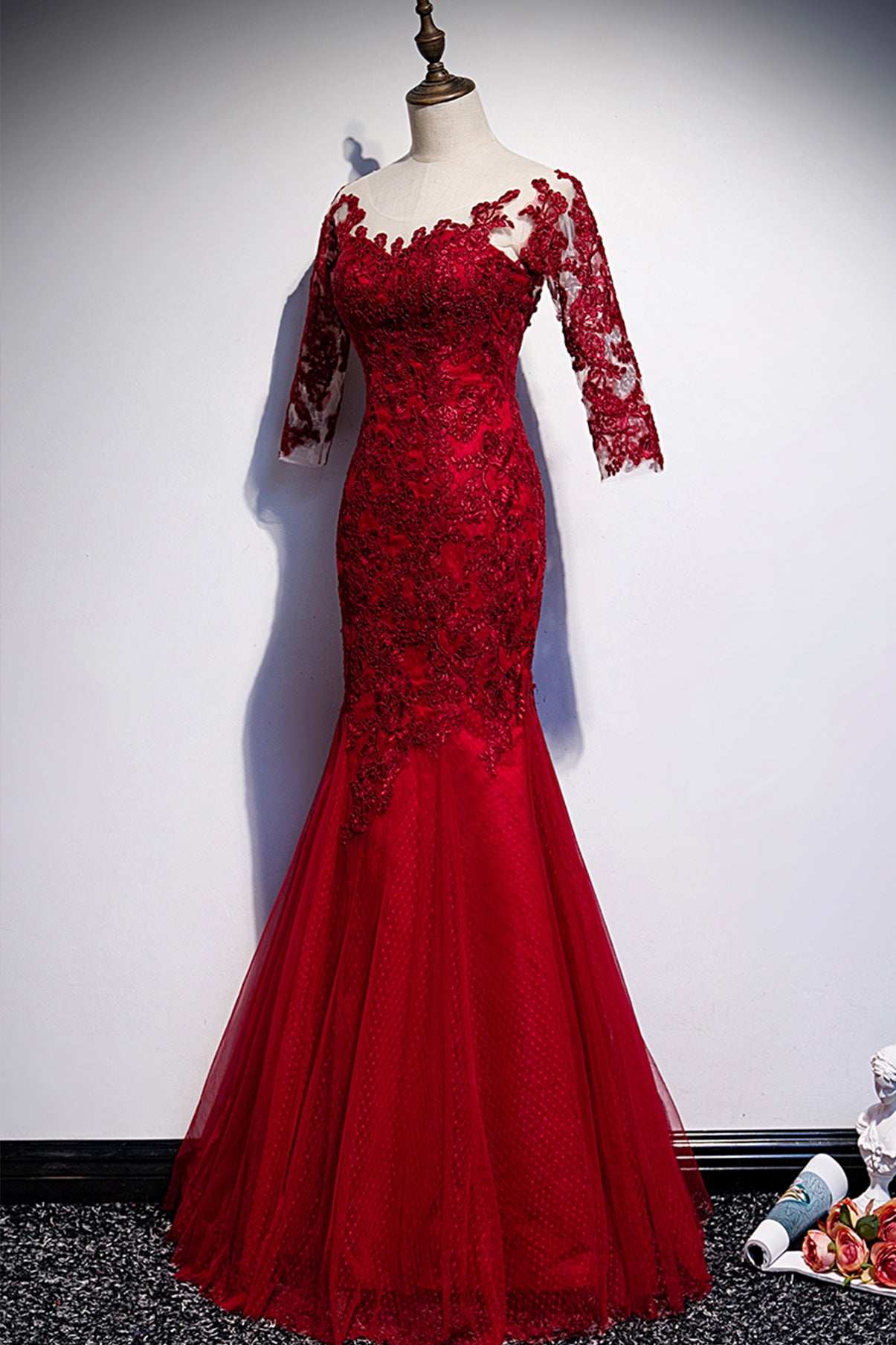 Burgundy lace long prom dress mermaid evening dress s110