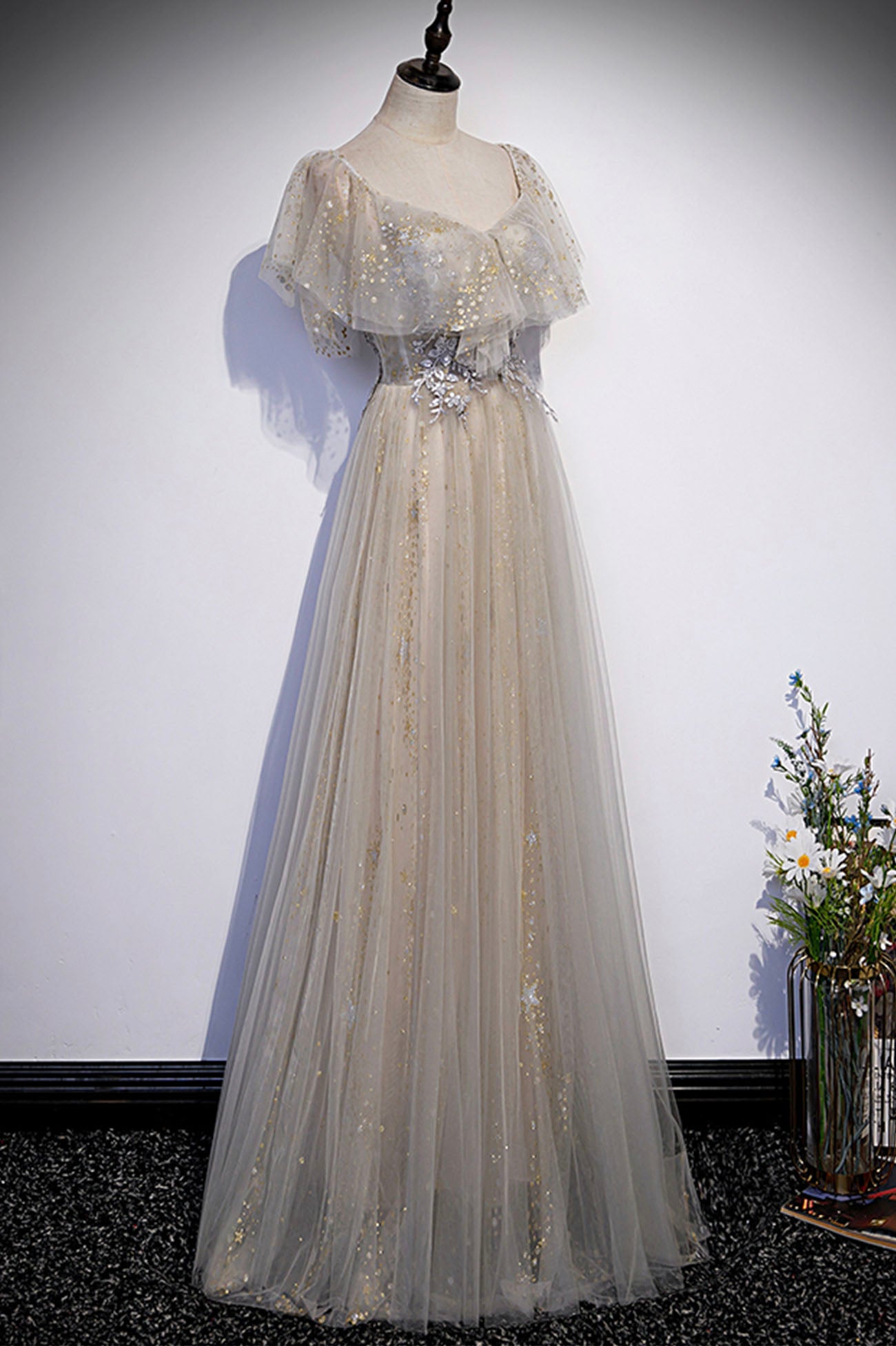 Cute tulle sequins long prom dress evening dress s60