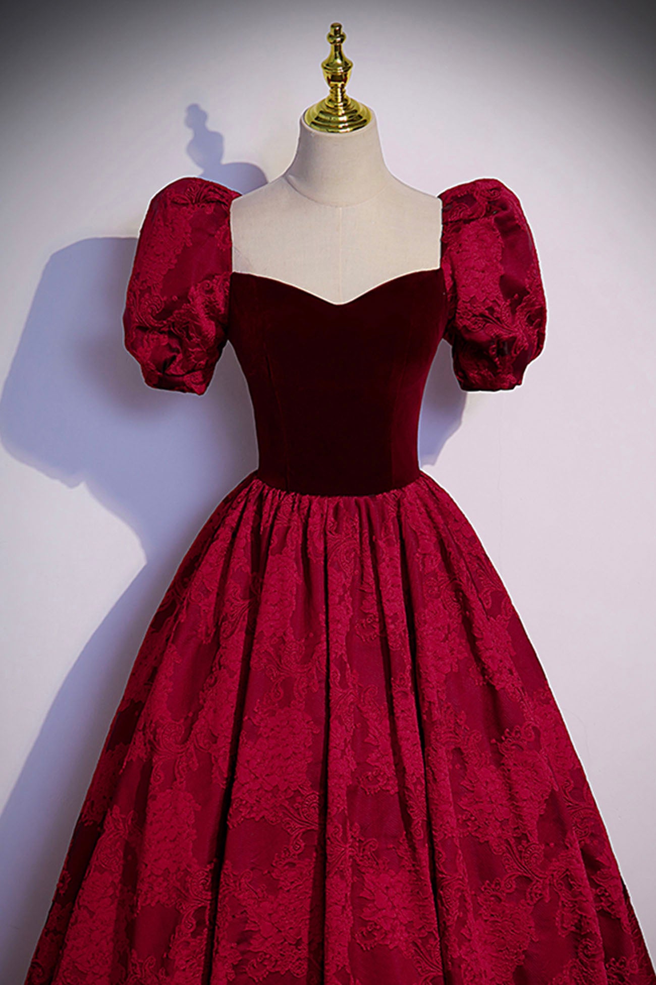 Burgundy velvet jacquard long prom dress evening dress s89