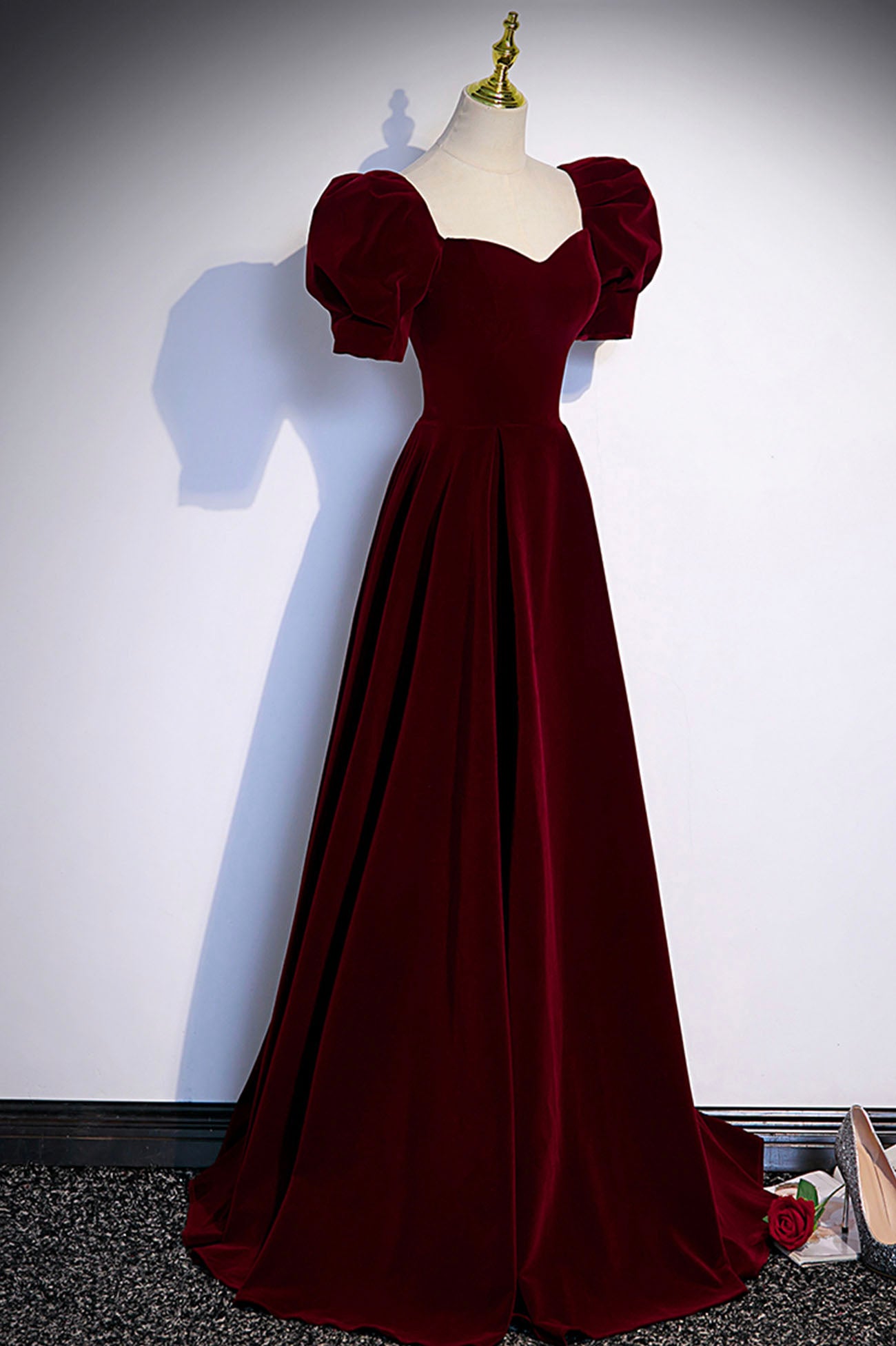 Burgundy velvet long prom dress evening dress  s88