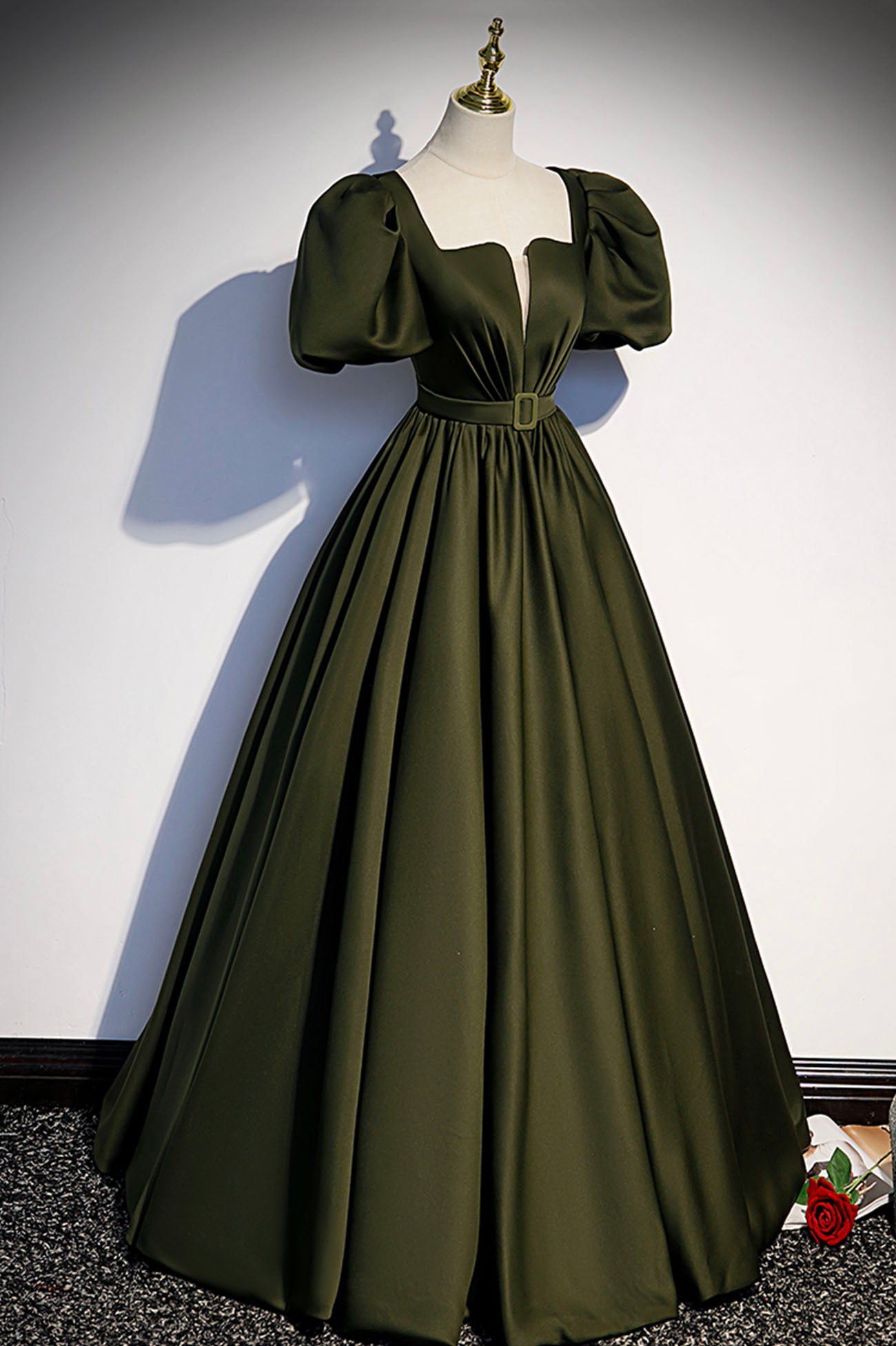 Green satin long prom dress A-line evening dress s87