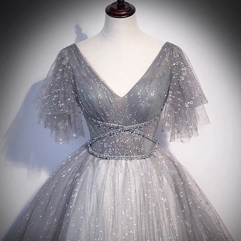 Gray tulle sequins long prom dress A line evening gown s65