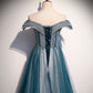 Blue tulle lace long prom dress off shoulder evening dress s105
