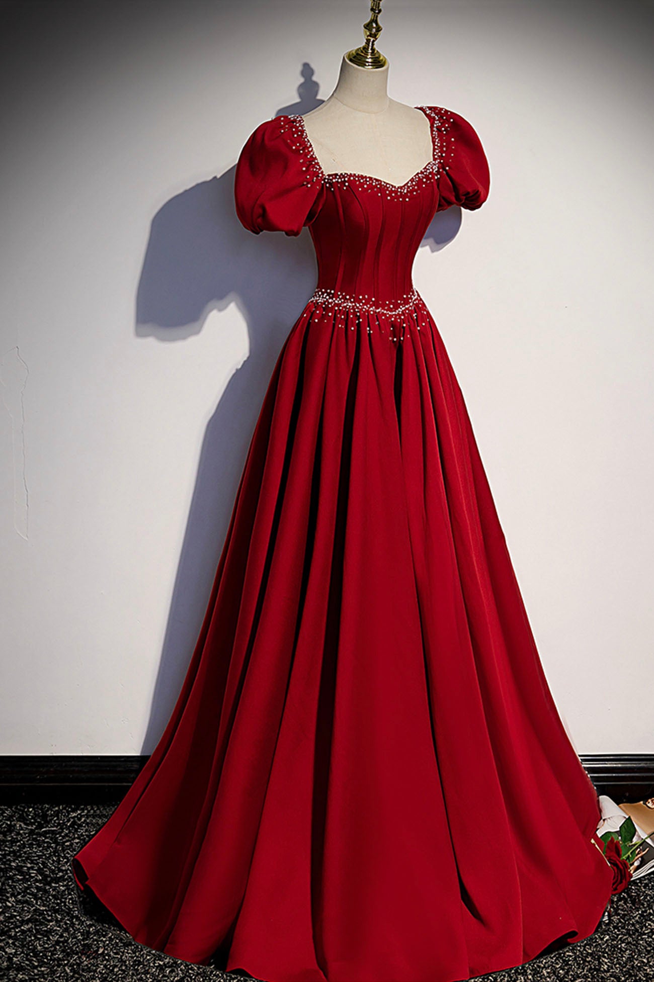 Burgundy A-line satin long prom dress evening dress s85