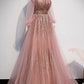 Pink tulle sequins long prom dress pink evening dress s109