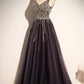 Stylish v neck tulle long prom dress A line evening dress s76