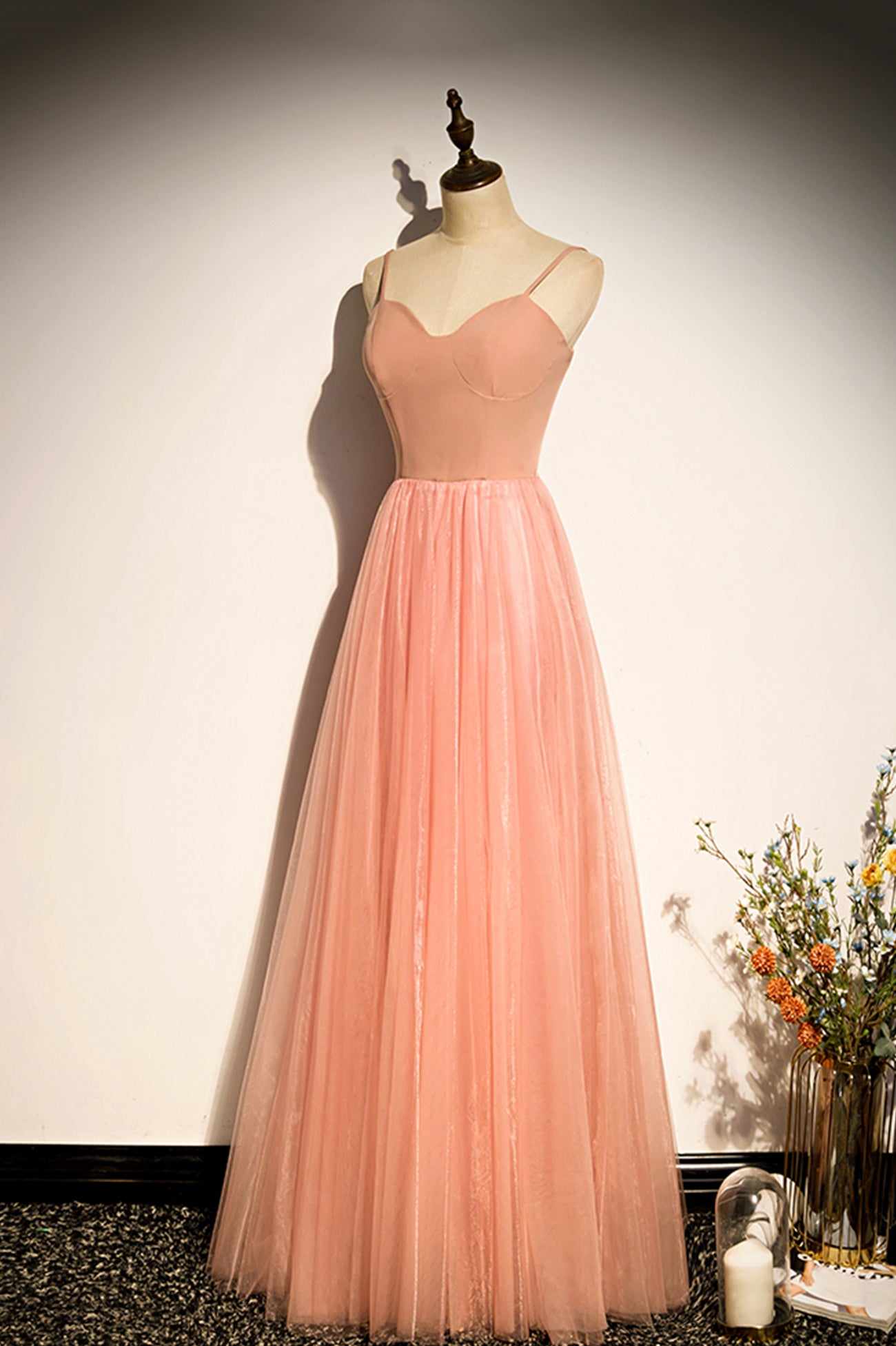 Pink tulle long prom dress A line evening dress s92