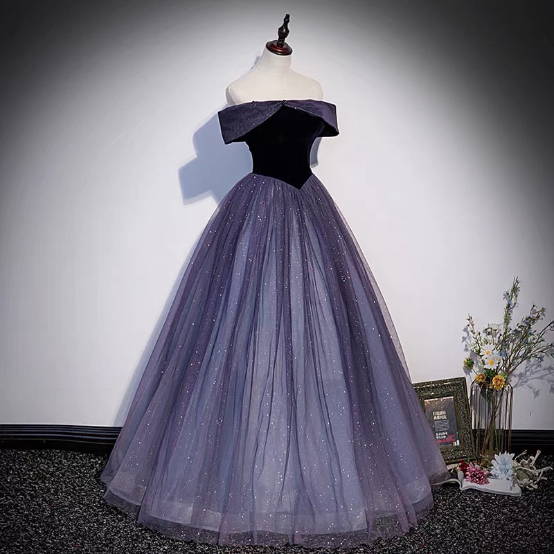 Purple tulle long prom dress A line evening gown s66