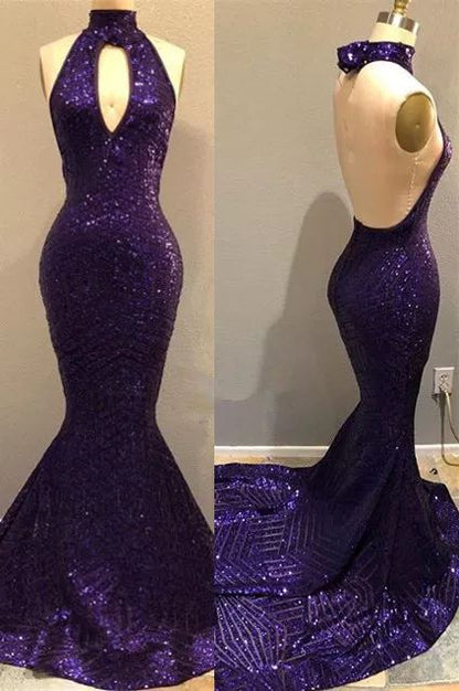 Purple Sequins Sexy Open Back Prom Dresses | Mermaid Keyhole Evening Gowns Y1529