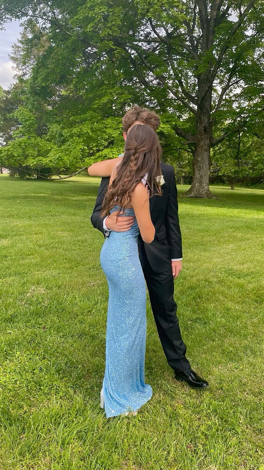 Glitter Blue Sequins Long Prom Dress with Slit  Y1605