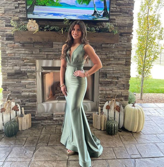 Charming Mermaid V Neck Sage Green Silk Satin Long Bridesmaid Dresses,Elegant Sage Green Prom Dress Y1896