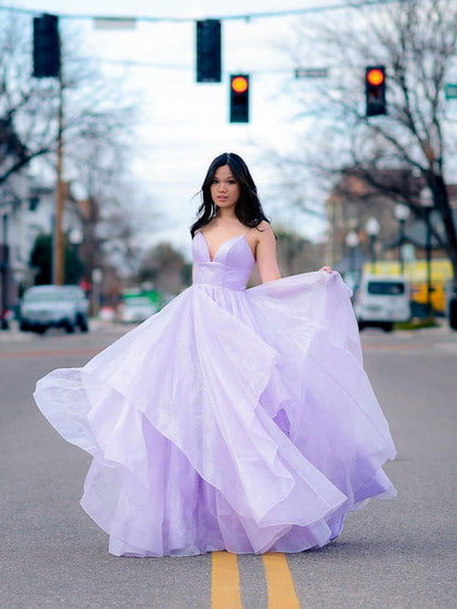 Pink spaghetti straps a line prom dress,layered evening gown,sparkle prom long dress Y1303