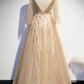 Champagne v neck lace long prom dress A line evening dress s77