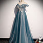 Blue tulle lace long prom dress off shoulder evening dress s105
