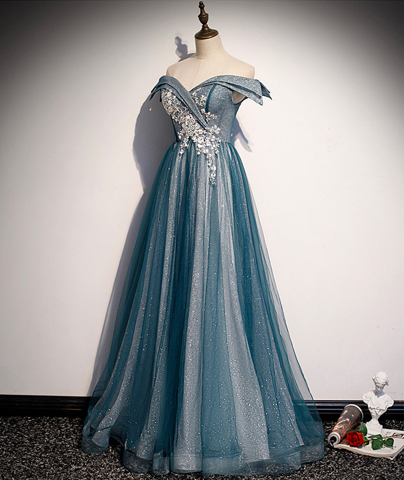 Blue tulle lace long prom dress off shoulder evening dress s105