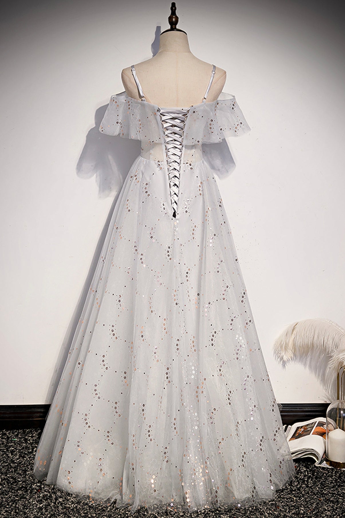 Stylish tulle sequins long A line prom dress evening dress s71