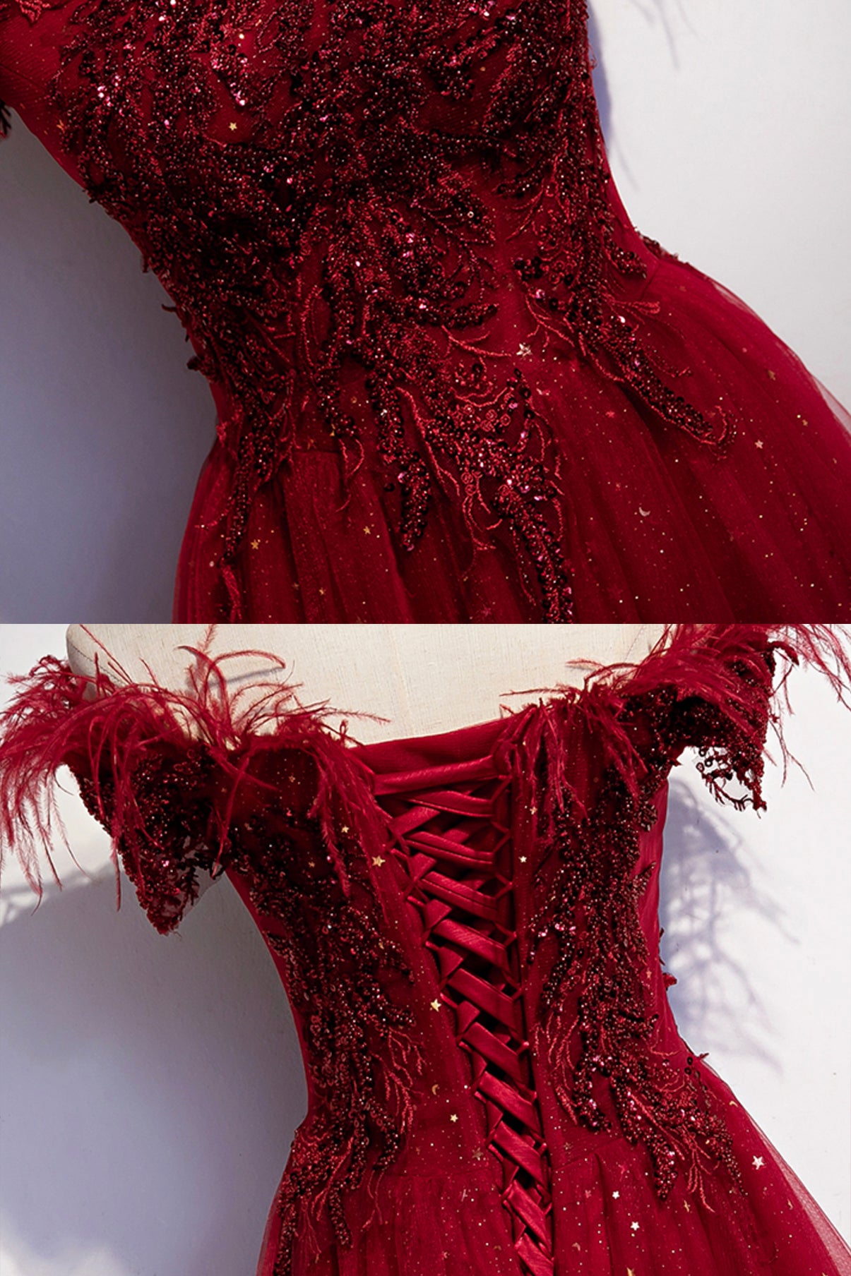 Burgundy tulle sequins long A line prom dress evening dress s69