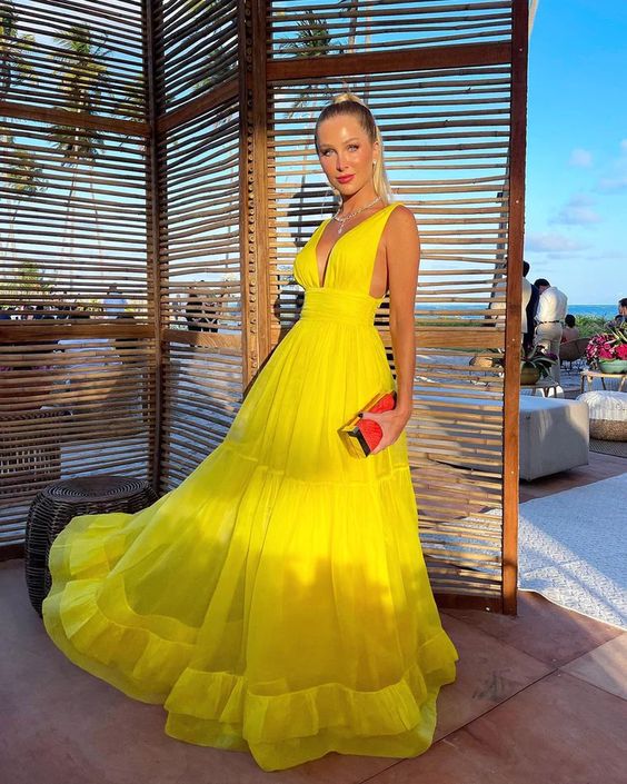 Charming A Line V Neck Yellow Chiffon Long Prom Dresses, Wedding Guest Dresses Y1306