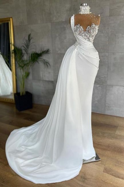 White Sleeveless Satin Beading Ruffles Mermaid Prom Dresses Y934