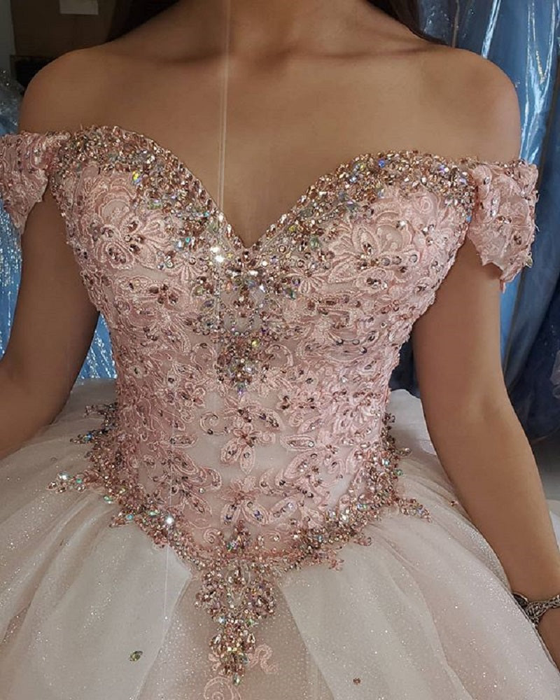 Blush Pink Puffy Sweet 16 Off Shoulder Ball Gowns Sixteen Beaded Crystal Light Pink Tulle Quinceanera Dress Princess Prom Dresses S27021