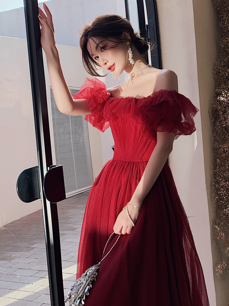 Dark Red Velvet Long Formal Gown, Off Shoulder Dark Red Prom Dress Y1435