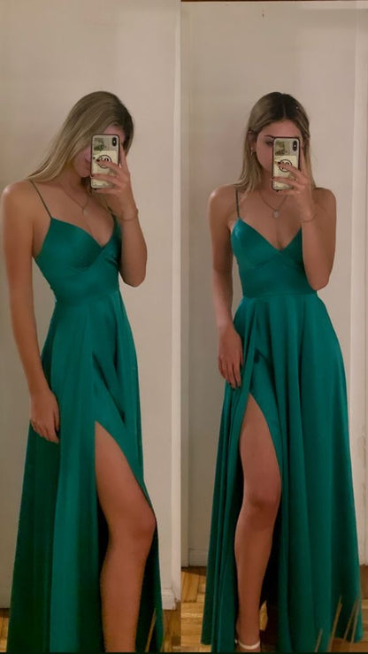 Classic A-line Spaghetti Straps Green Satin Prom Dress,Graduation Dress Y1701