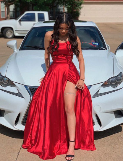 Red Satin Long Prom Gown,Front Slit Evening Dresses,Floor Length Prom Dresses S26169