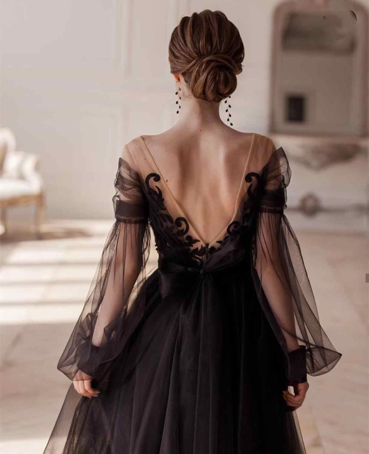 Elegant Black Illusion Full Sleeve V-Neck Lace Appliques Backless A-Line Ankle-Length Evening Dress S26660