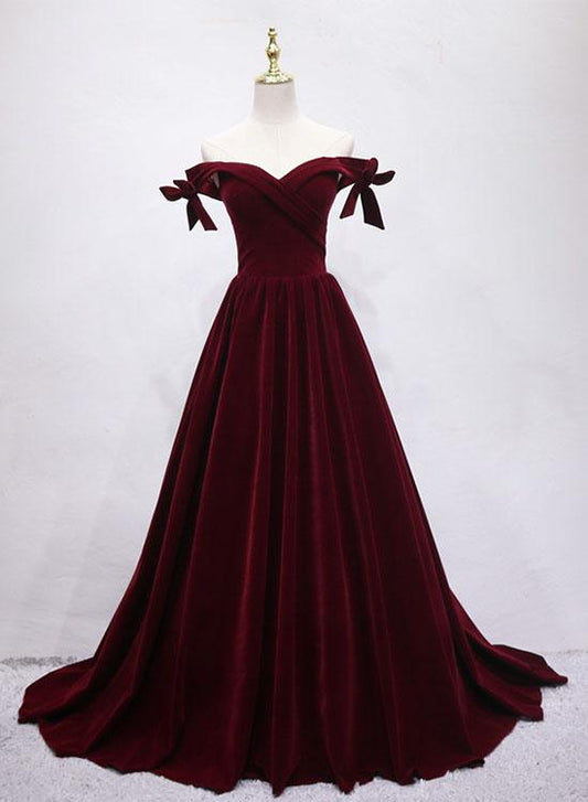 Chic Burgundy Velvet Long Prom Dress,Off The Shoulder Prom Gown Y1184