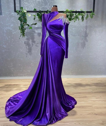 Glamorous Purple Velvet Evening Dress With Long Sleeves,Classy Purple Velvet Evening Gown Y729